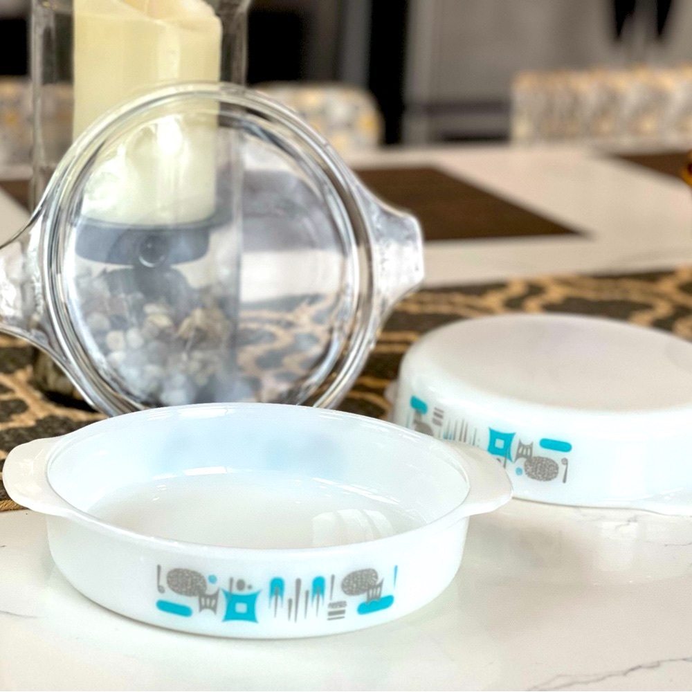 Vintage MCM Atomic Blue Heaven casserole dish set